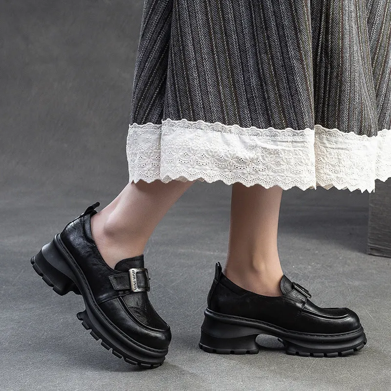Women Retro Plain Leather Chunky Heel Loafers