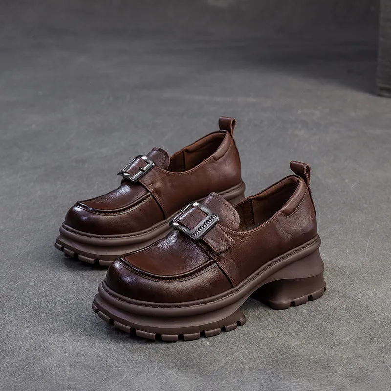 Women Retro Plain Leather Chunky Heel Loafers