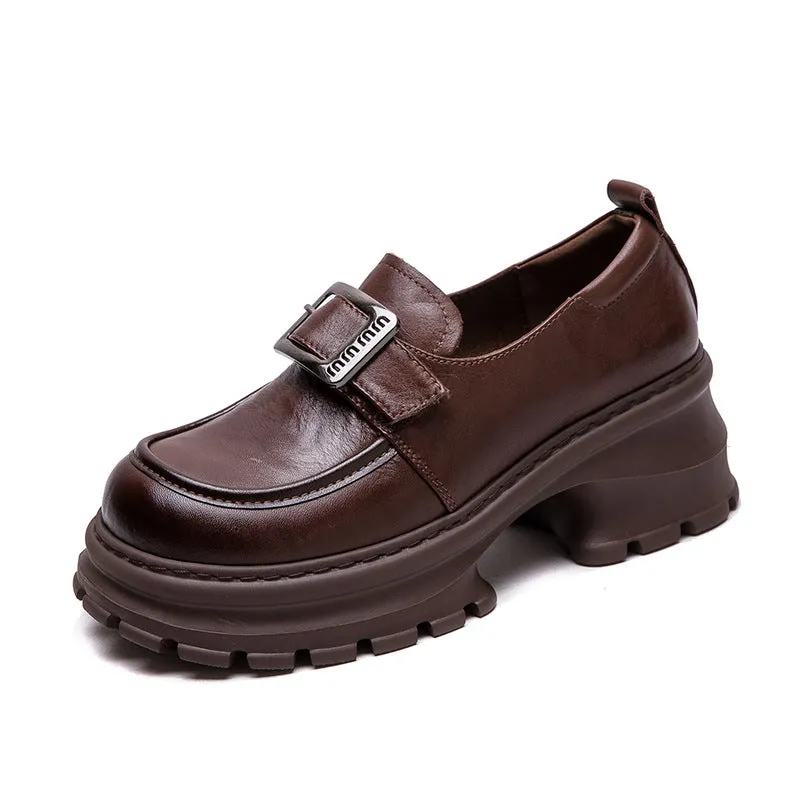 Women Retro Plain Leather Chunky Heel Loafers