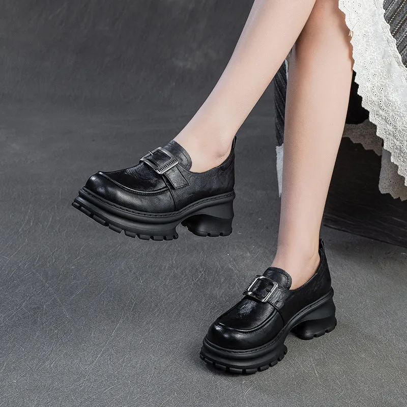 Women Retro Plain Leather Chunky Heel Loafers