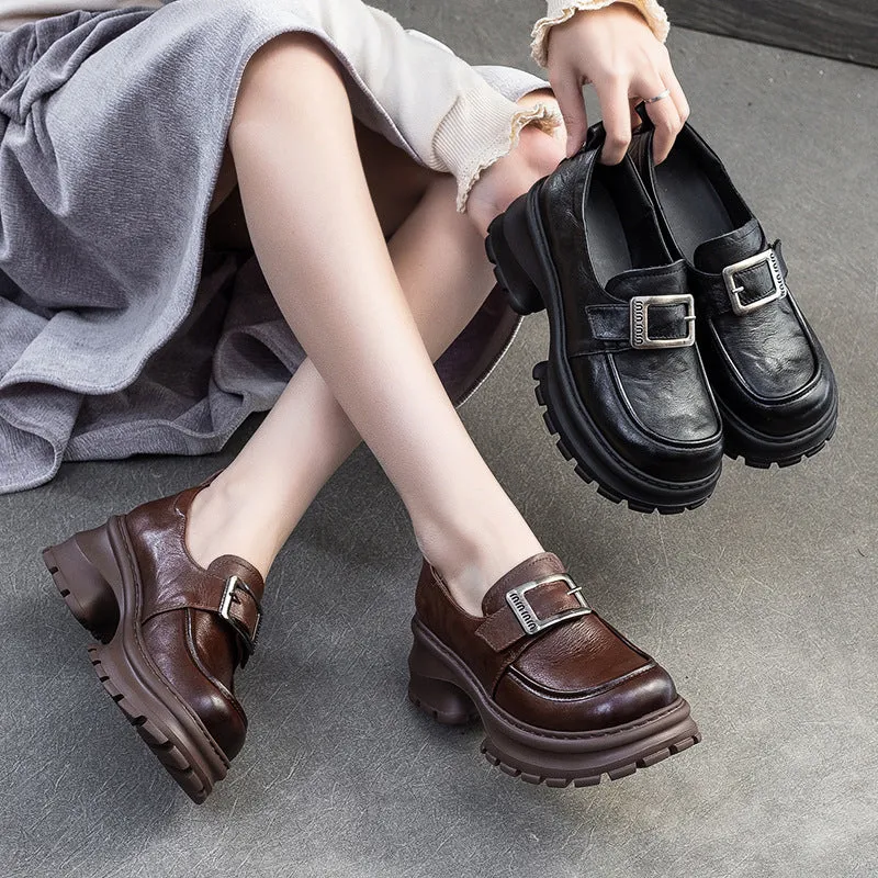 Women Retro Plain Leather Chunky Heel Loafers