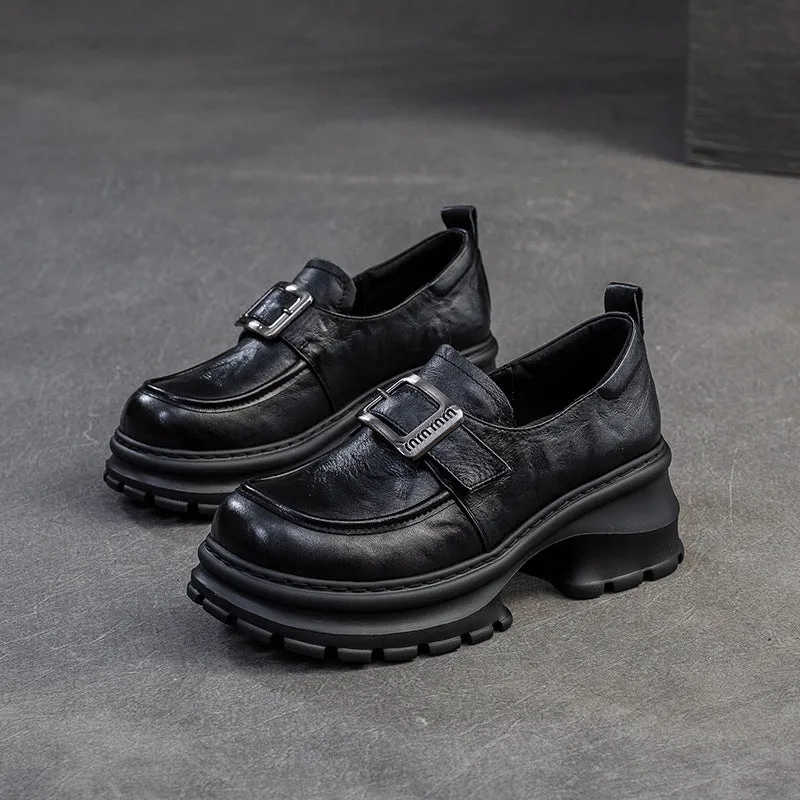 Women Retro Plain Leather Chunky Heel Loafers