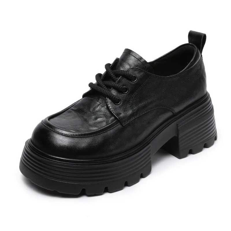 Women Retro Plain Leather Lace-up Platform Loafers