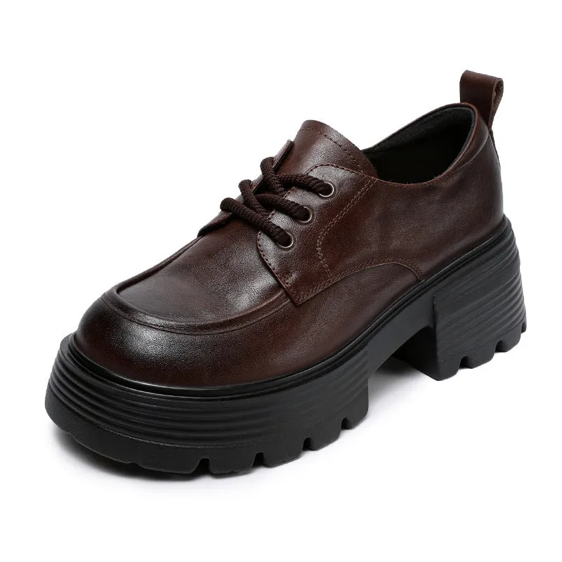 Women Retro Plain Leather Lace-up Platform Loafers