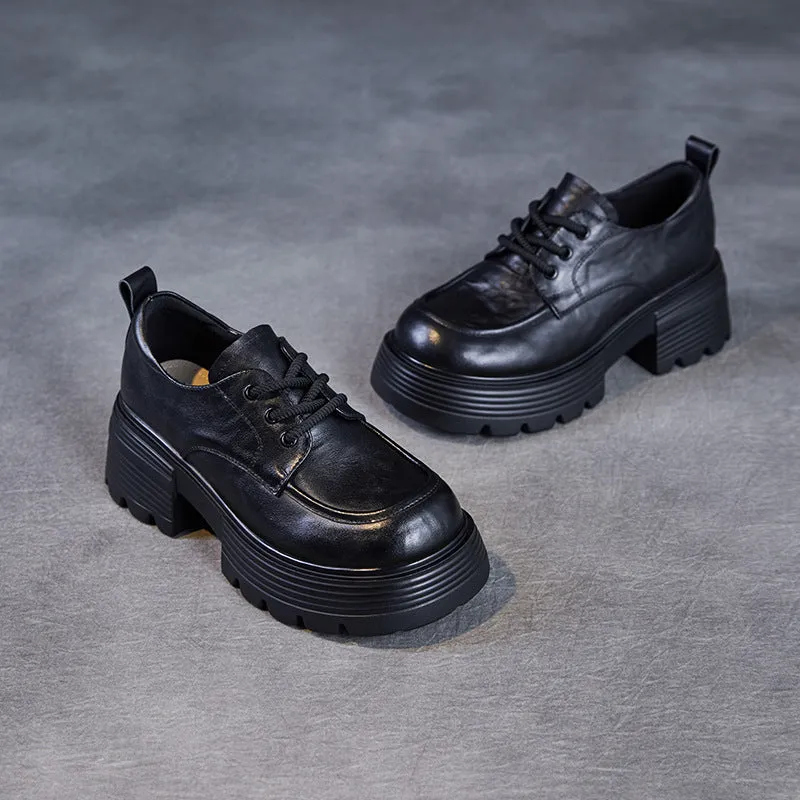Women Retro Plain Leather Lace-up Platform Loafers