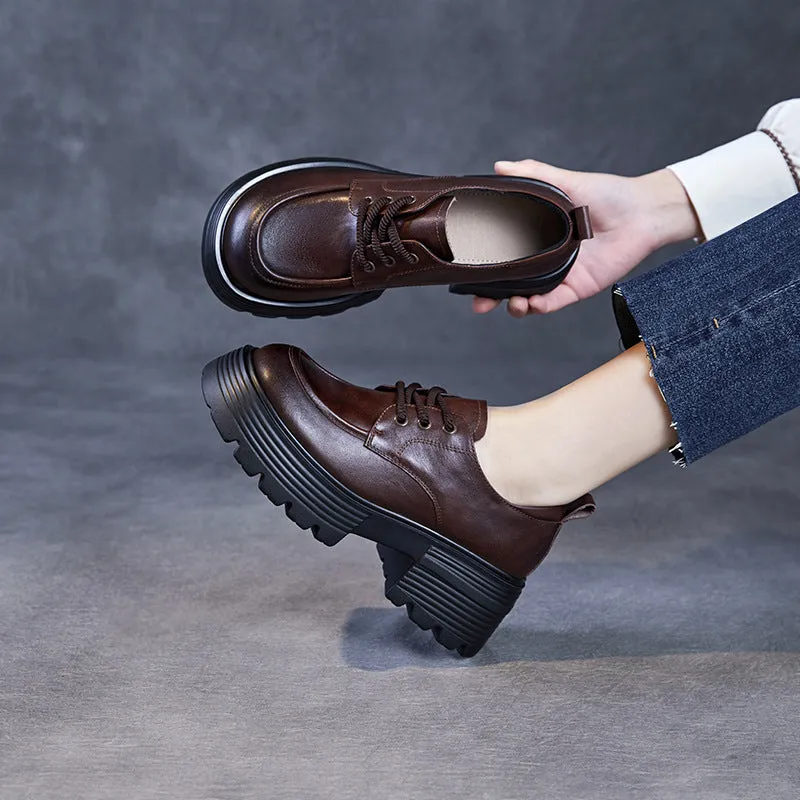 Women Retro Plain Leather Lace-up Platform Loafers