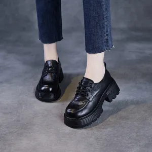 Women Retro Plain Leather Lace-up Platform Loafers